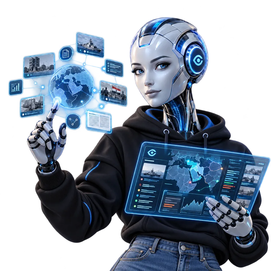 Illustration: an AI analyst connecting reports, imagery and data around a globe, holding a Sightium dashboard.